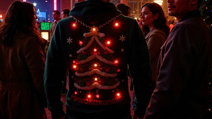 Fototapeta premium Man with light-up sweater at festive night gathering
