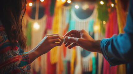 Vintage 70s-style couple exchanging rings under colorful backdrop - perfect for retro wedding themes