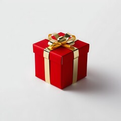 Obraz premium Small Christmas gift box wrapped in red paper with a gold ribbon bow, transparent background