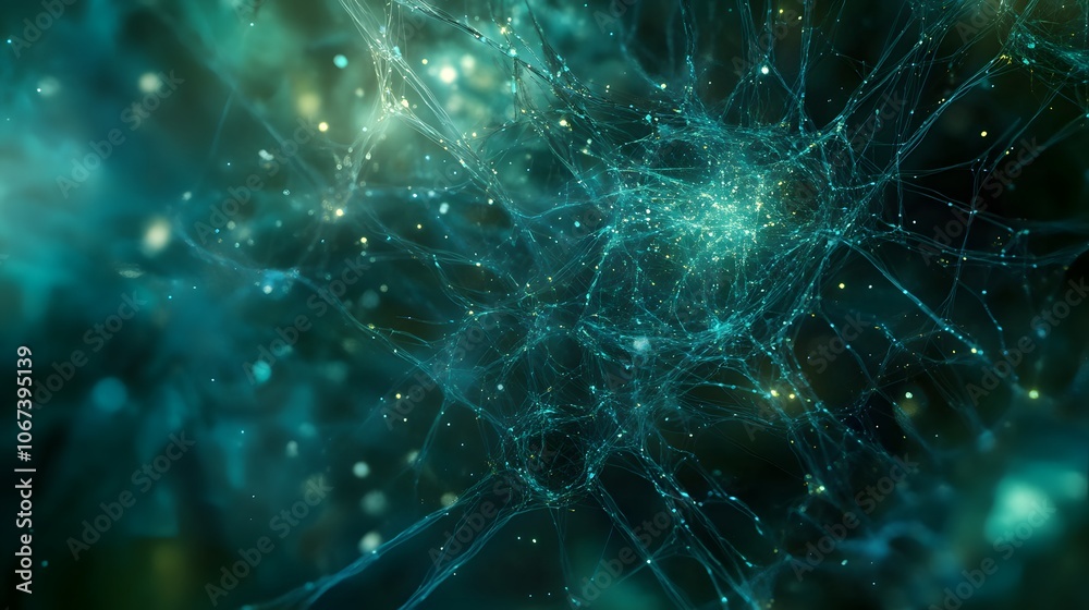 Poster Abstract representation of an innovative machine learning algorithm, with interconnected nodes and pathways glowing in shades of blue and green, symbolizing advanced data processing, 4k resolution