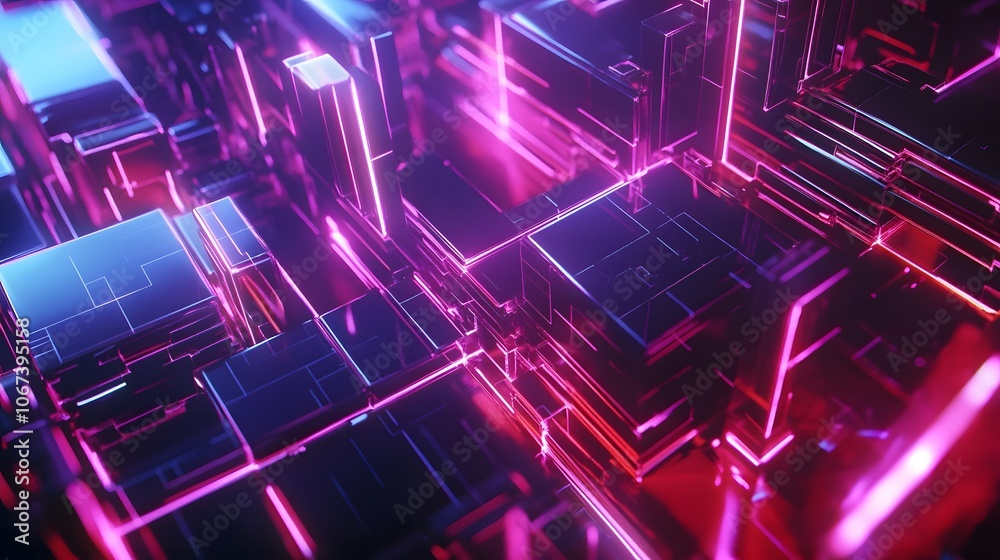 Poster Abstract image of an innovative ML network with geometric shapes and neon highlights, symbolizing intelligence and adaptability, 4k resolution