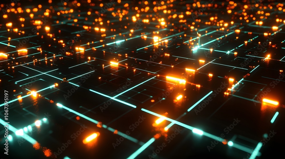 Poster Futuristic depiction of an ML algorithm, with glowing nodes connected by bright lines in a grid, conveying the concept of continuous learning and innovation, 4k resolution