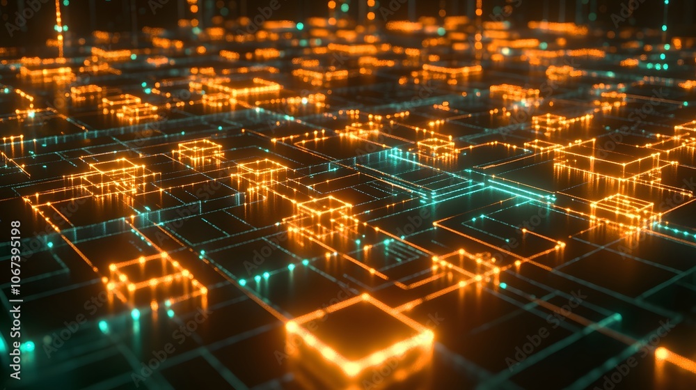 Poster Futuristic depiction of an ML algorithm, with glowing nodes connected by bright lines in a grid, conveying the concept of continuous learning and innovation, 4k resolution
