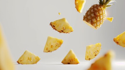 Naklejka premium Fresh Pineapple Slices Floating in Air - Tropical Fruit Background