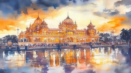 Obraz premium watercolor illustration of mysore palace at sunset during the mysore dasara festival, rich colors depicting the grandeur and cultural significance of the event