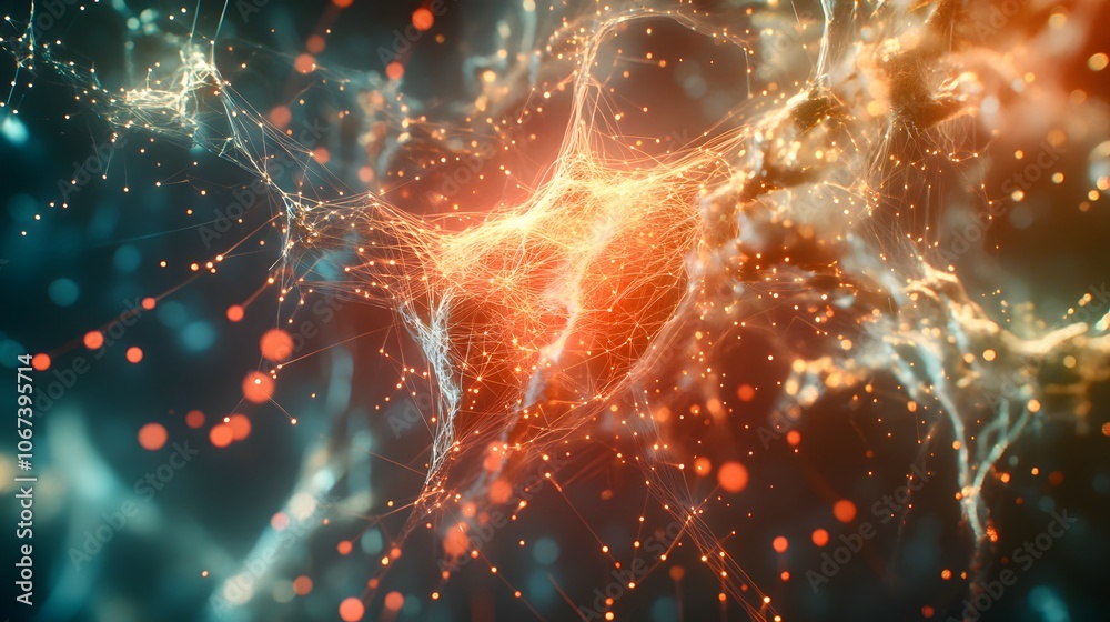 Poster Artistic representation of an ML model with floating nodes and bright connecting lines, capturing the complexity of learning systems, 4k resolution