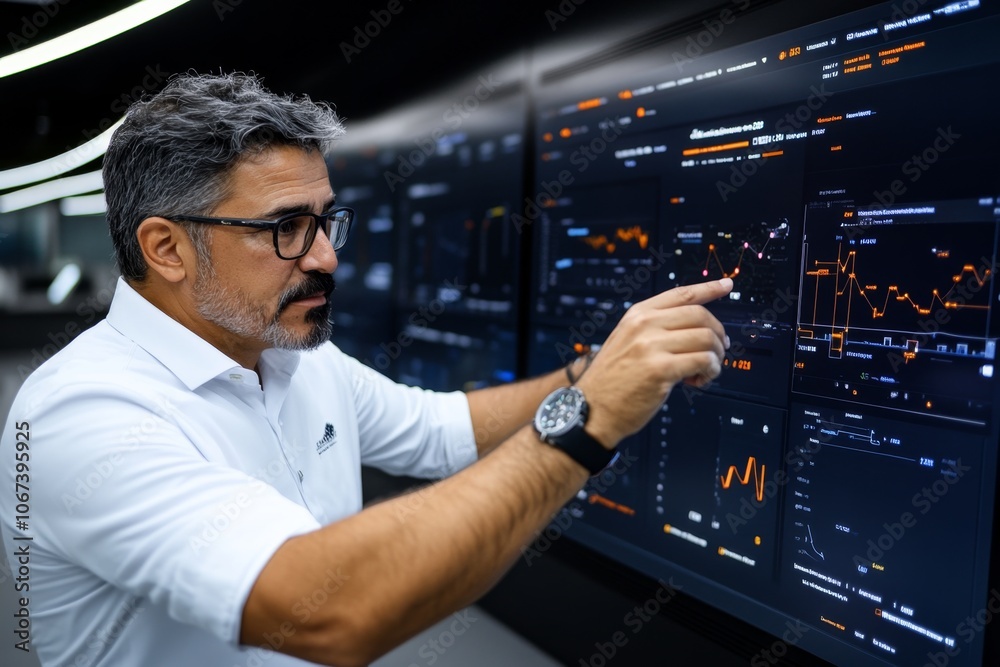 Poster a production manager analyzing demand forecasts on a large screen, adjusting output in real-time to 
