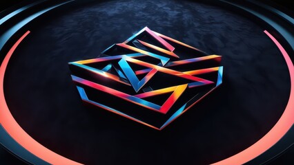 Colorful geometric logo with overlapping shapes and reflections on a dark textured background