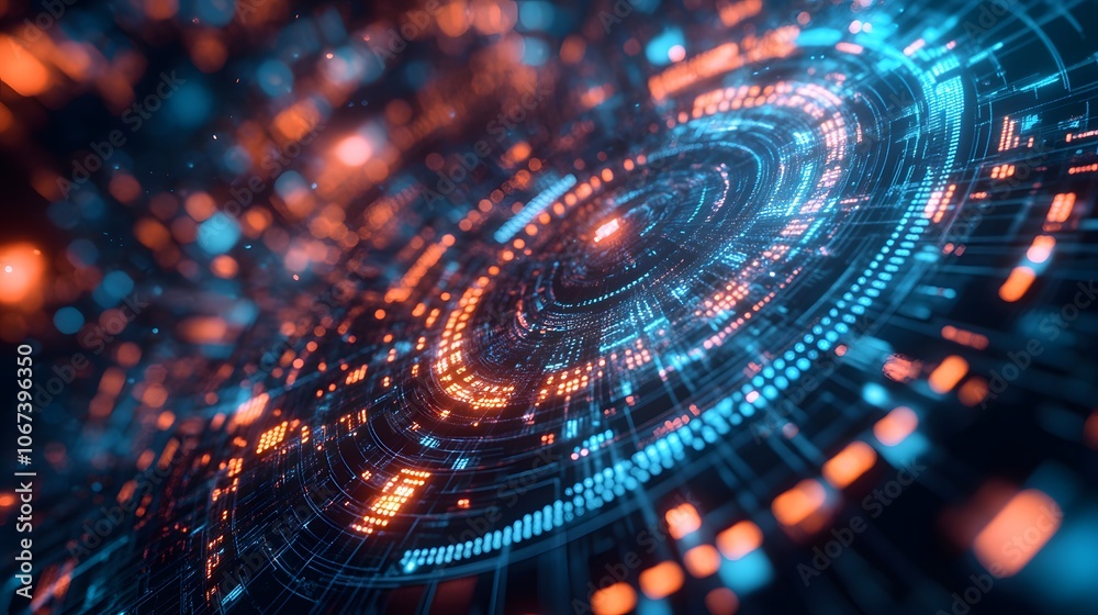 Poster Conceptual image of a high-tech ML system with fractal shapes forming concentric patterns, representing complex data cycles, 4k resolution