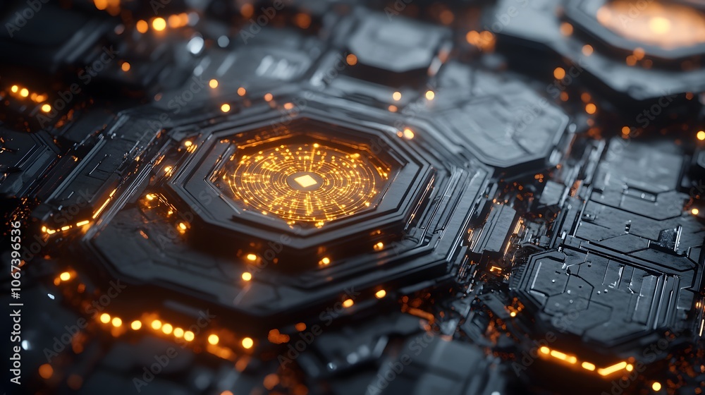 Poster Digital representation of layered hexagons and glowing nodes, symbolizing an advanced machine learning system, 4k resolution
