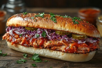 succulent pulled pork sandwich glistening with barbecue sauce piled high with crispy slaw and pickles set against a rustic wooden surface warm lighting highlighting textures