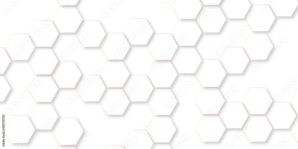 Poster Geometric Elegance Hexagonal Pattern Background. 3D Futuristic honeycomb technology white background with shadows. Realistic geometric Structure mesh cells texture. modern futuristic wallpaper. 