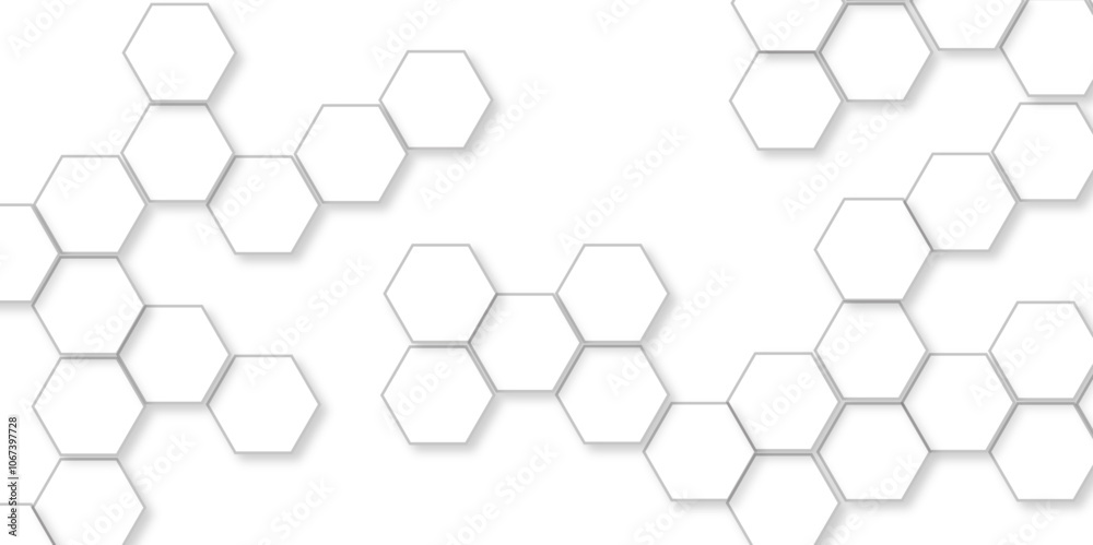Poster Geometric Elegance Hexagonal Pattern Background. 3D Futuristic honeycomb technology white background with shadows. Realistic geometric Structure mesh cells texture. modern futuristic wallpaper. 