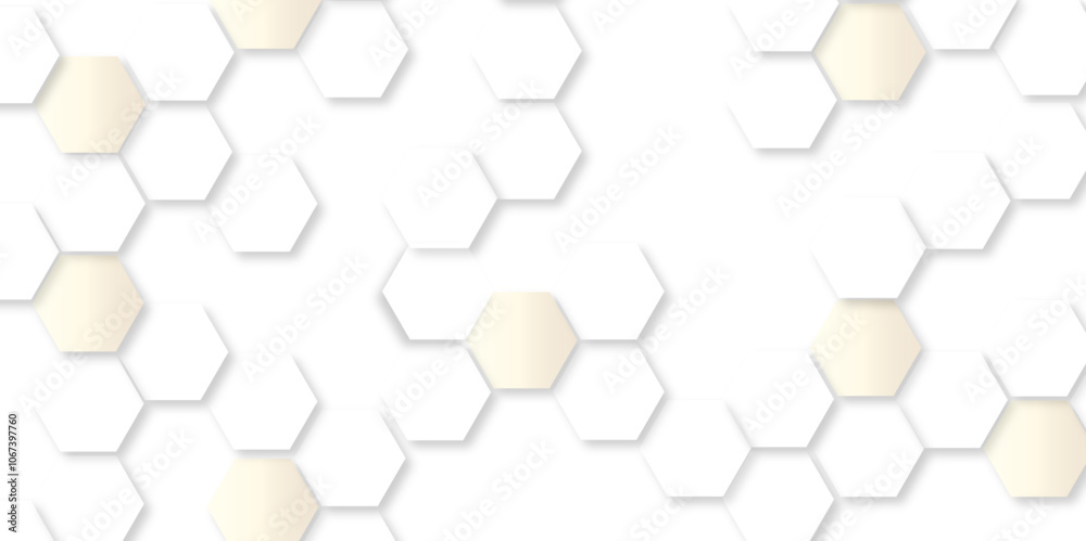 Poster Geometric Elegance Hexagonal Pattern Background. 3D Futuristic honeycomb technology white background with shadows. Realistic geometric Structure mesh cells texture. modern futuristic wallpaper. 