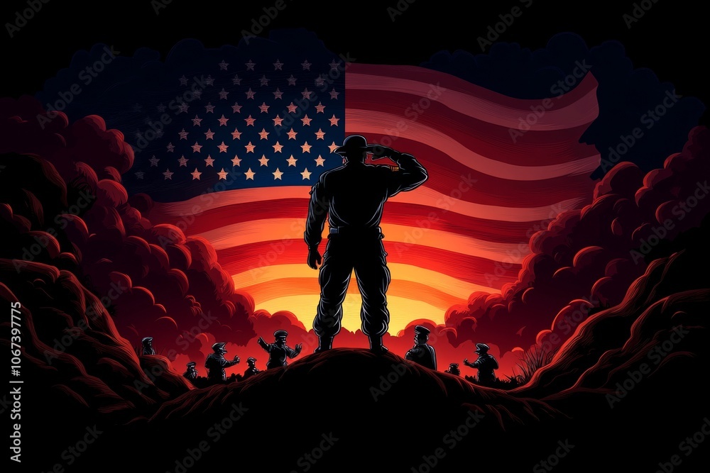 Aufkleber A retro pixel art scene of a soldier saluting in front of a pixelated American flag, with small characters showing respect in the background