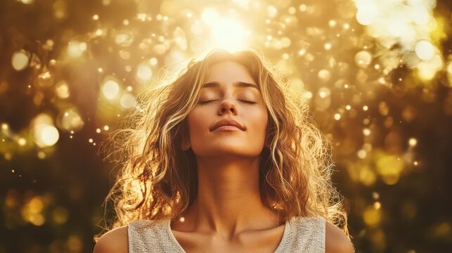 woman in a tranquil setting, experiencing distance energy healing, eyes closed in meditation, surrounded by ethereal light that signifies connection to her higher self and spiritual awakening