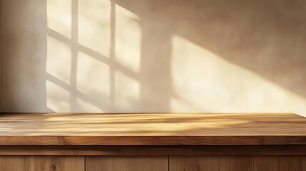 wooden countertop in a modern kitchen, showcasing an empty space against a beige wall, ideal for product placement or advertising, with a clean and inviting look