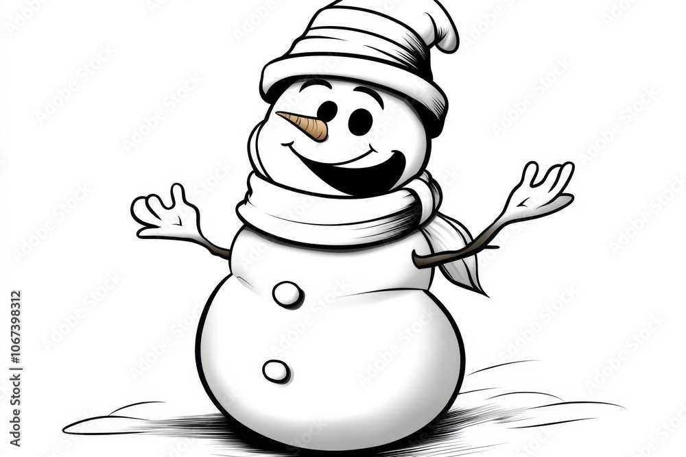 Poster A single snowman with a scarf and hat, drawn in simple lines on a plain background