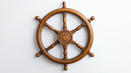 Obraz premium wooden steering wheel cut out elegantly against a pure white backdrop, symbolizing adventure and nautical themes in a clean, minimalist style