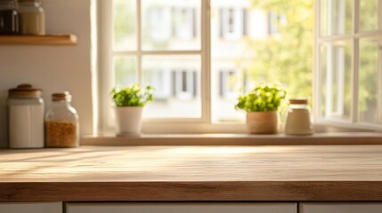Fototapeta premium wooden table top elegantly displayed against a blurred kitchen window, creating a warm ambiance, perfect for showcasing culinary delights or products