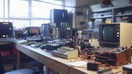workbench cluttered with electronic testing equipment including oscilloscopes and signal generators, emphasizing a technical and educational environment rich in innovation and discovery