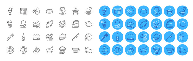 Food app, Food delivery and Potato line icons pack. Ice cream, Plate, Table knife web icon. Gas grill, Spinach, Recycle water pictogram. Beer, Mocha, Walnut. Frying pan, Dishes, Home grill. Vector