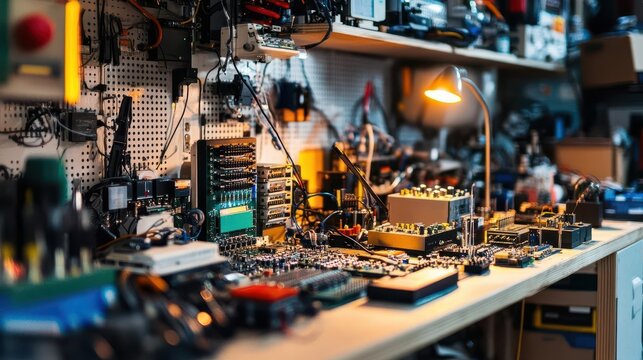 workbench cluttered with electronic testing equipment including oscilloscopes and signal generators, emphasizing a technical and educational environment rich in innovation and discovery