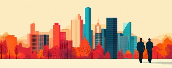 Fototapeta premium A colorful urban skyline at sunset, featuring modern buildings and trees in autumn hues, with two figures walking in the foreground.