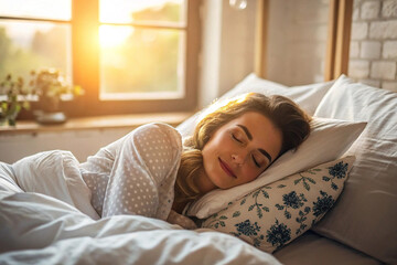Beautiful Attractive woman sleep and sweet dream lying on bed in cozy bedroom in the morning feeling so relax and comfortable.