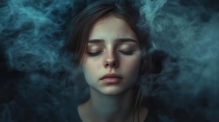 Fototapeta premium young woman surrounded by swirling mist, representing feelings of depression and loneliness, with a focus on mental health and emotional struggles