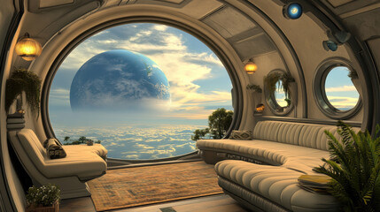 Futuristic space lounge with a breathtaking view of a distant planet, AI