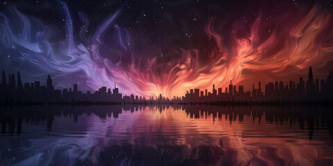 Obraz premium Silhouette of a city skyline with colorful aurora borealis in the sky.