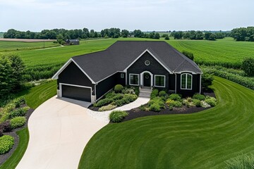 Affordable farmhouse surrounded by fields, showcasing attainable housing options in rural settings