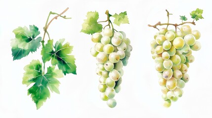set of green grapes with watercolor illustration on white background