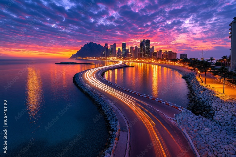 Poster busy cityscape with lights turning on as dawn breaks, symbolizing the universal call to wake up and 
