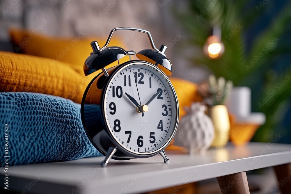 Poster Close-up of an old-fashioned alarm clock ringing on a bedside table, capturing the jarring start of a wake-up call