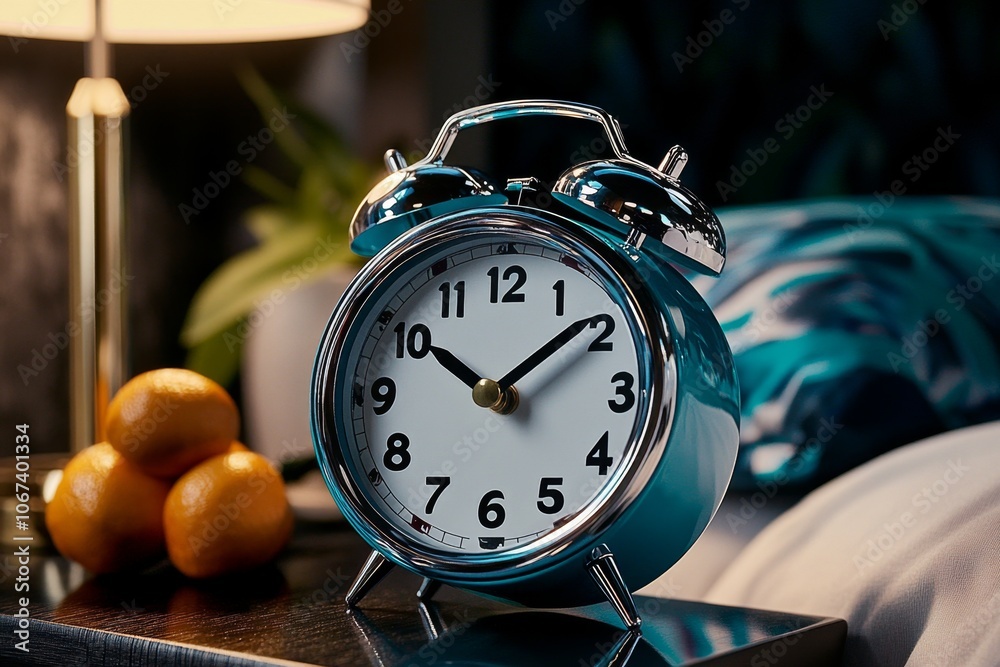 Poster Close-up of an old-fashioned alarm clock ringing on a bedside table, capturing the jarring start of a wake-up call