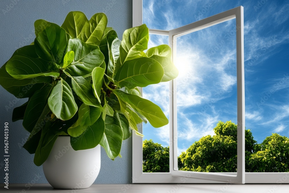Poster Close-up of an open window with morning light streaming in, representing a peaceful wake-up call from nature