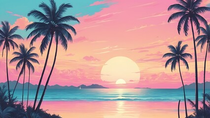 Obraz premium ocean and palm trees with sunset retro illustration