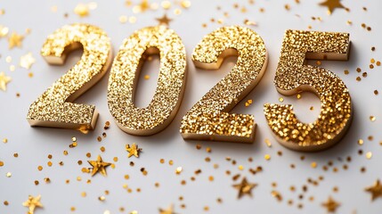 Golden glitter 2025 numbers with stars on white