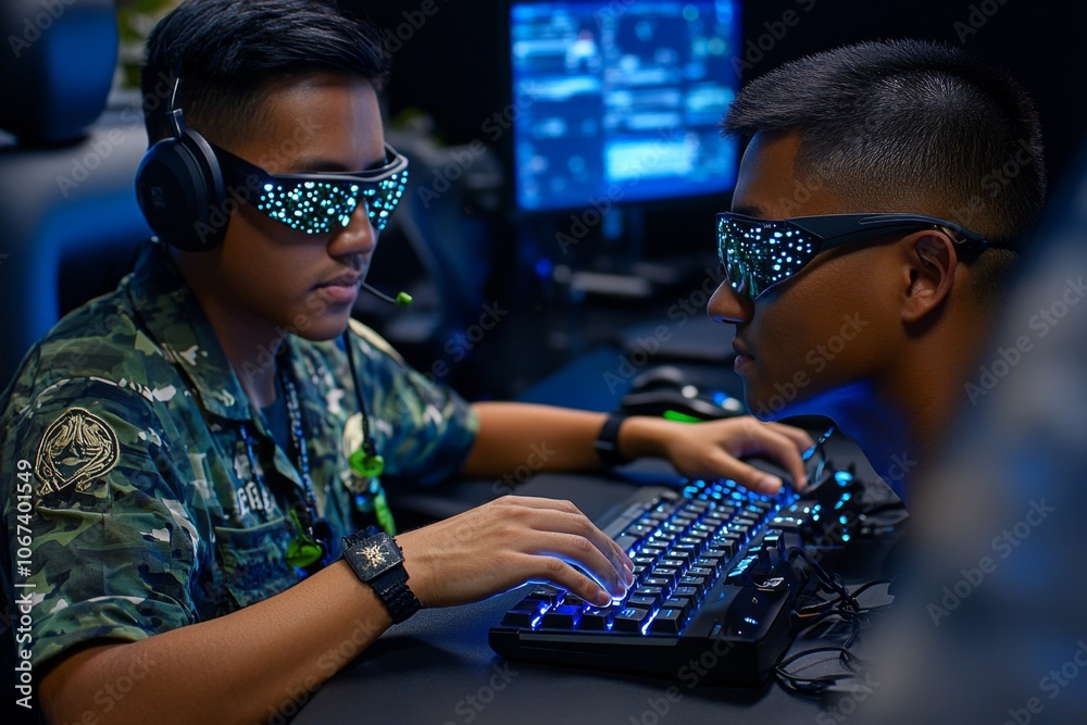 Poster close-up of hands typing with screens reflected in their glasses, capturing the intensity of cyber i