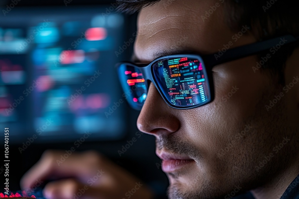 Poster close-up of hands typing with screens reflected in their glasses, capturing the intensity of cyber i