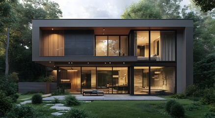 Modern two-story luxury minimalist cubic house with large windows and glass walls featuring wooden accents and modern architectural style. Decorated in dark tones, residential architecture exterior.