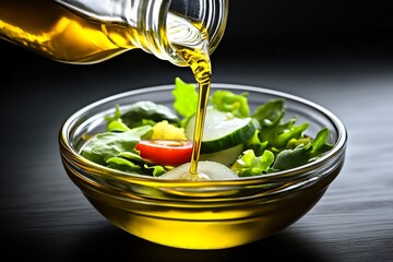 Close-up of olive oil pouring over a fresh salad, highlighting healthy fats that boost brain function