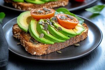 Close-up of whole grain toast topped with avocado, seeds, and tomato, symbolizing a nutrient-dense, brain-healthy meal