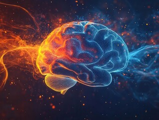 Fototapeta premium a luminous brain emitting a captivating blue and orange glow, symbolizing creativity and innovation, with abstract shapes swirling around, representing thoughts and ideas in motion