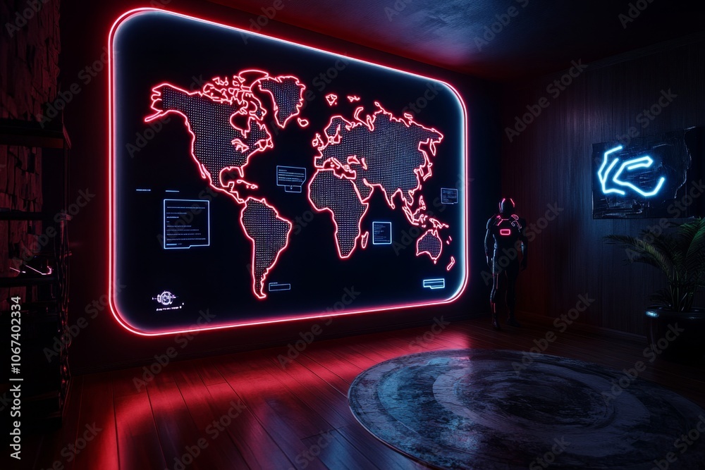 Poster cyberpunk room with holographic world map and digital threat alerts in neon hues, showing a futurist