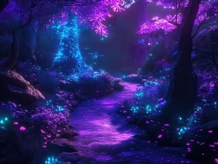 a magical landscape featuring a fantasy forest illuminated by purple and cyan lights. the enchanting pathway invites viewers into a whimsical world, filled with wonder and imaginative elements