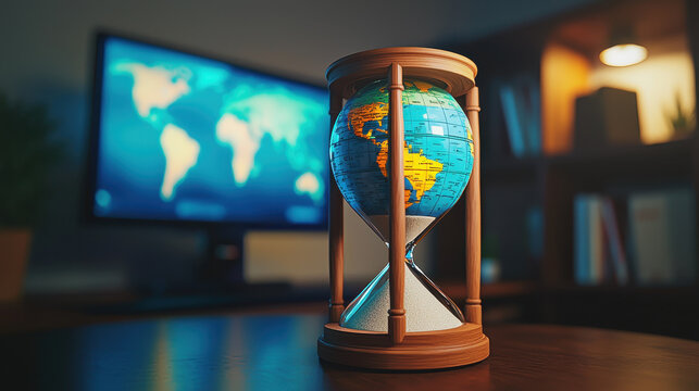 globe hourglass symbolizes passage of time and global awareness, with blurred world map in background