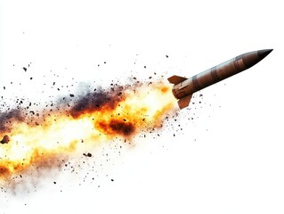 a missile soaring through the air, leaving a fiery trail against a stark white background. the imagery captures the intensity and power of military technology